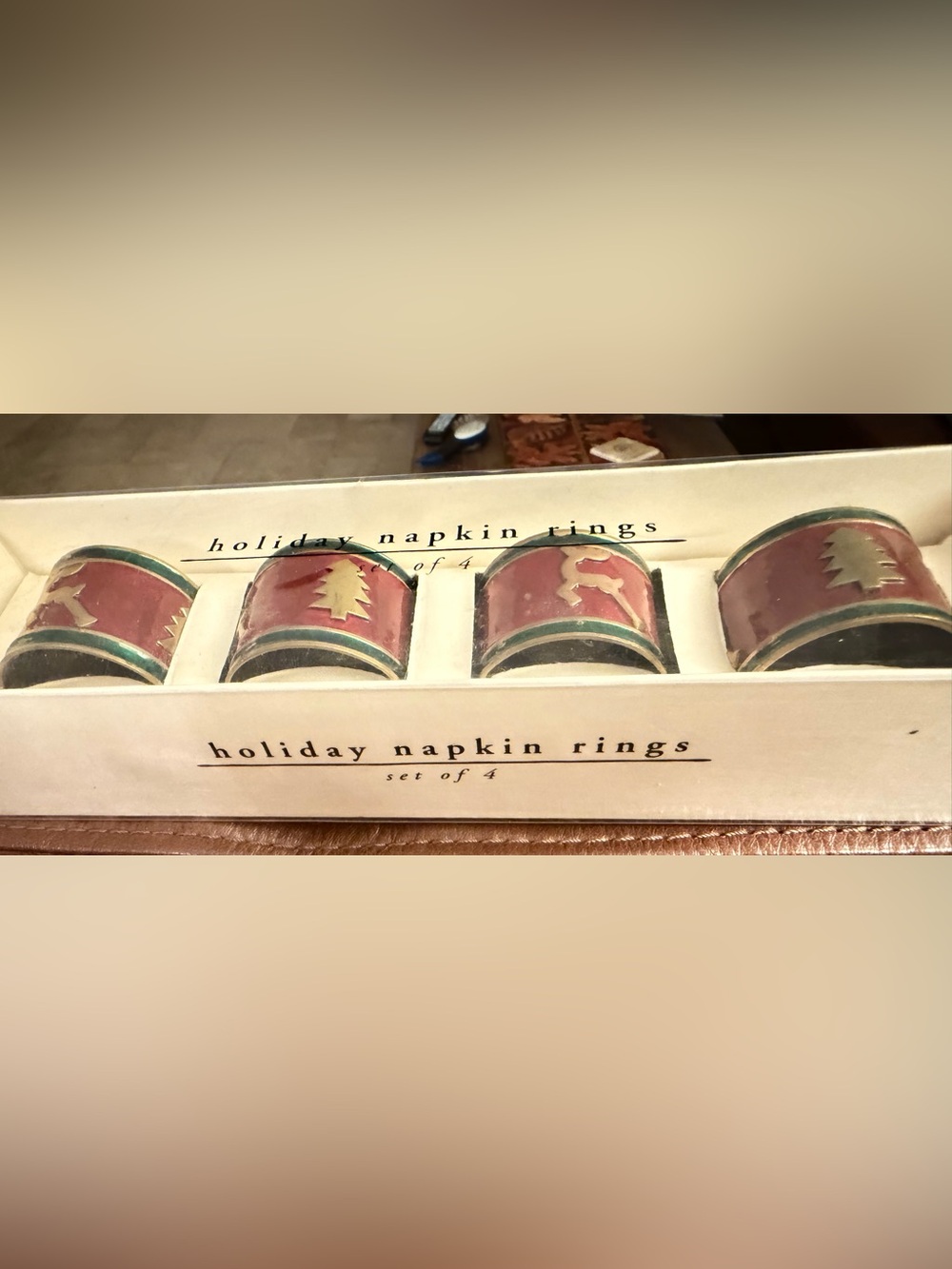 Pier 1 Holiday Napkin Rings in Red, Green and Gold - Set of 4